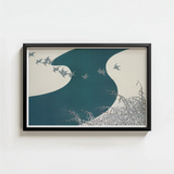 Black-framed Minimalist Artwork Stylized Birds Flight Teal Cream Kamisaka Sekka Winter, Migration Art, Blade’s Silent Memory