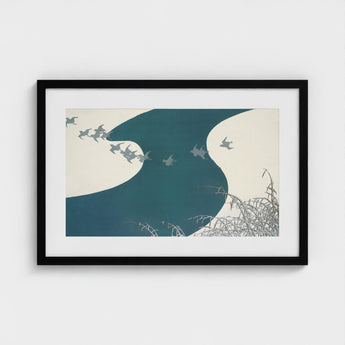 Birds - Kamisaka Sekka Winter Migration Art Print / Canvas Black-framed Artwork Minimalist Illustration Flight Stylized Teal, Blade’s