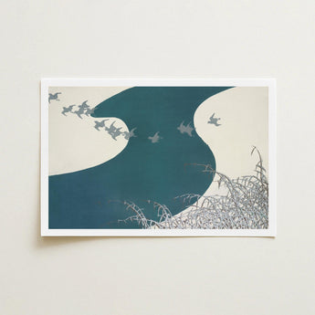 Birds - Kamisaka Sekka Winter Migration Art Print / Canvas Minimalist Stylized Gray Flight Teal, Blade’s Silent Memory Prints
