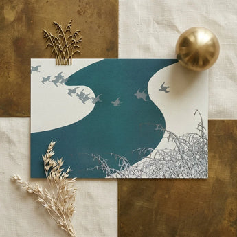 Birds - Kamisaka Sekka Winter Migration Art Print / Canvas Teal White Paper Silhouettes Flight, Blade’s Silent Memory Prints