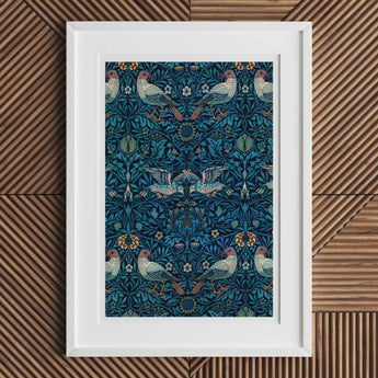 Birds - William Morris Arts and Crafts Art Print, 18x24’’ / 46x61cm / Unframed, Framed Artwork Intricate Blue Teal Floral Bird Pattern