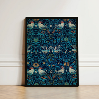 Framed Artwork Symmetrical Pattern Stylized Birds Foliage Teal William Morris’s, Tapestry, Verdant Victorian Dreamscape