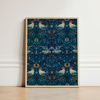 Framed Artwork Pattern Stylized Birds Foliage Teal White William Morris’s, Tapestry, Verdant Victorian Dreamscape