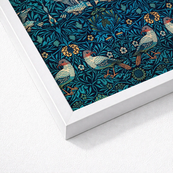 Framed Artwork Detailed Tapestry Design Birds Foliage Teal William Morris’s, Verdant Victorian Dreamscape