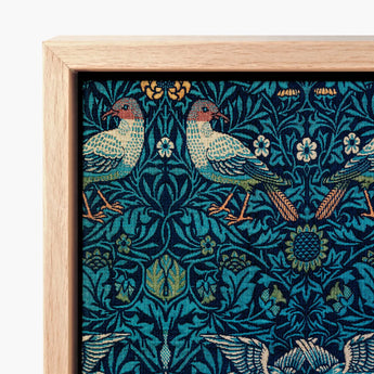 Teal Cream Bird-patterned Textile Artwork Light Wood Frame William Morris’s Birds, Tapestry, Verdant Victorian Dreamscape