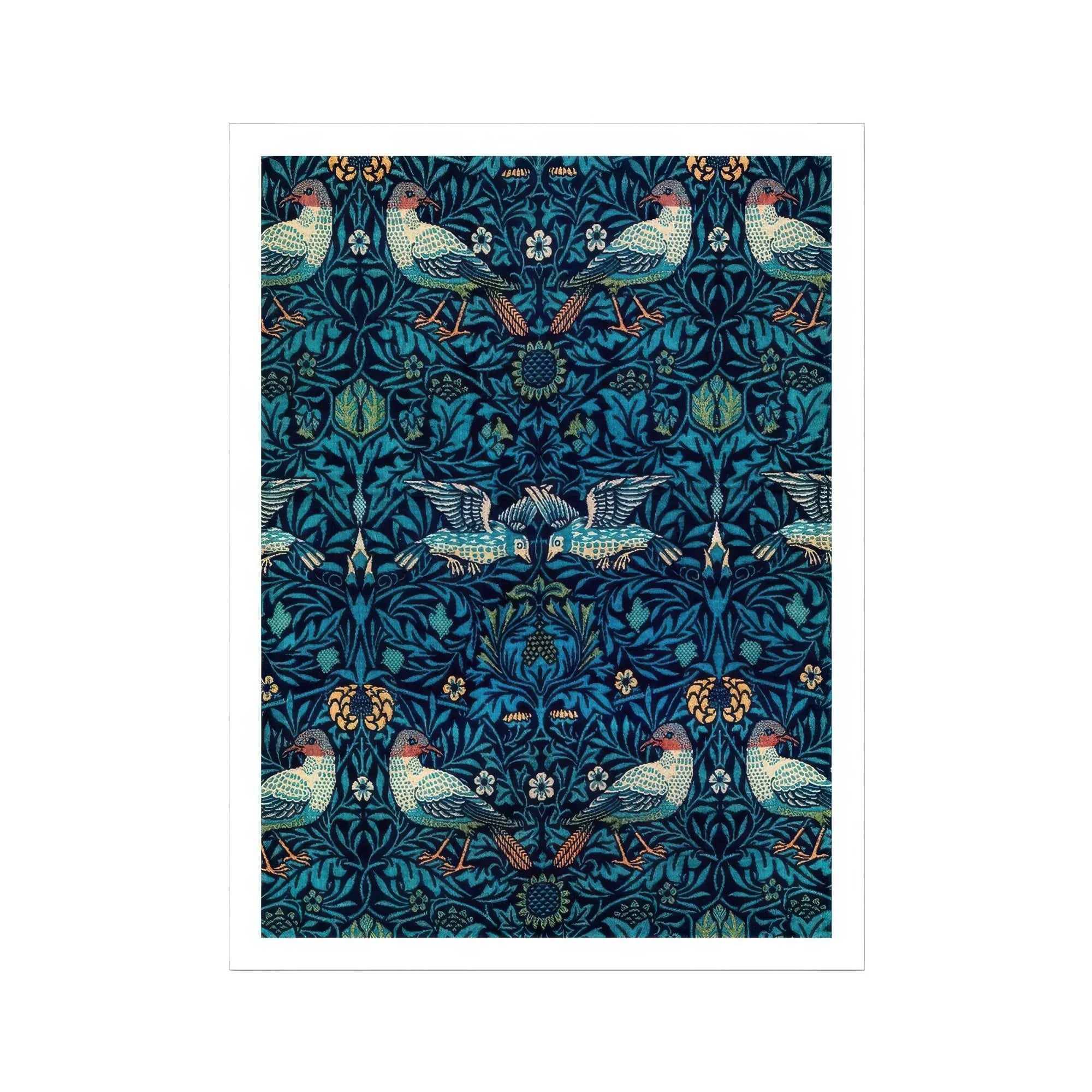 Birds - William Morris Arts and Crafts Art Print, Ornate Floral Bird Pattern Wallpaper Shades Blue Symmetrical
