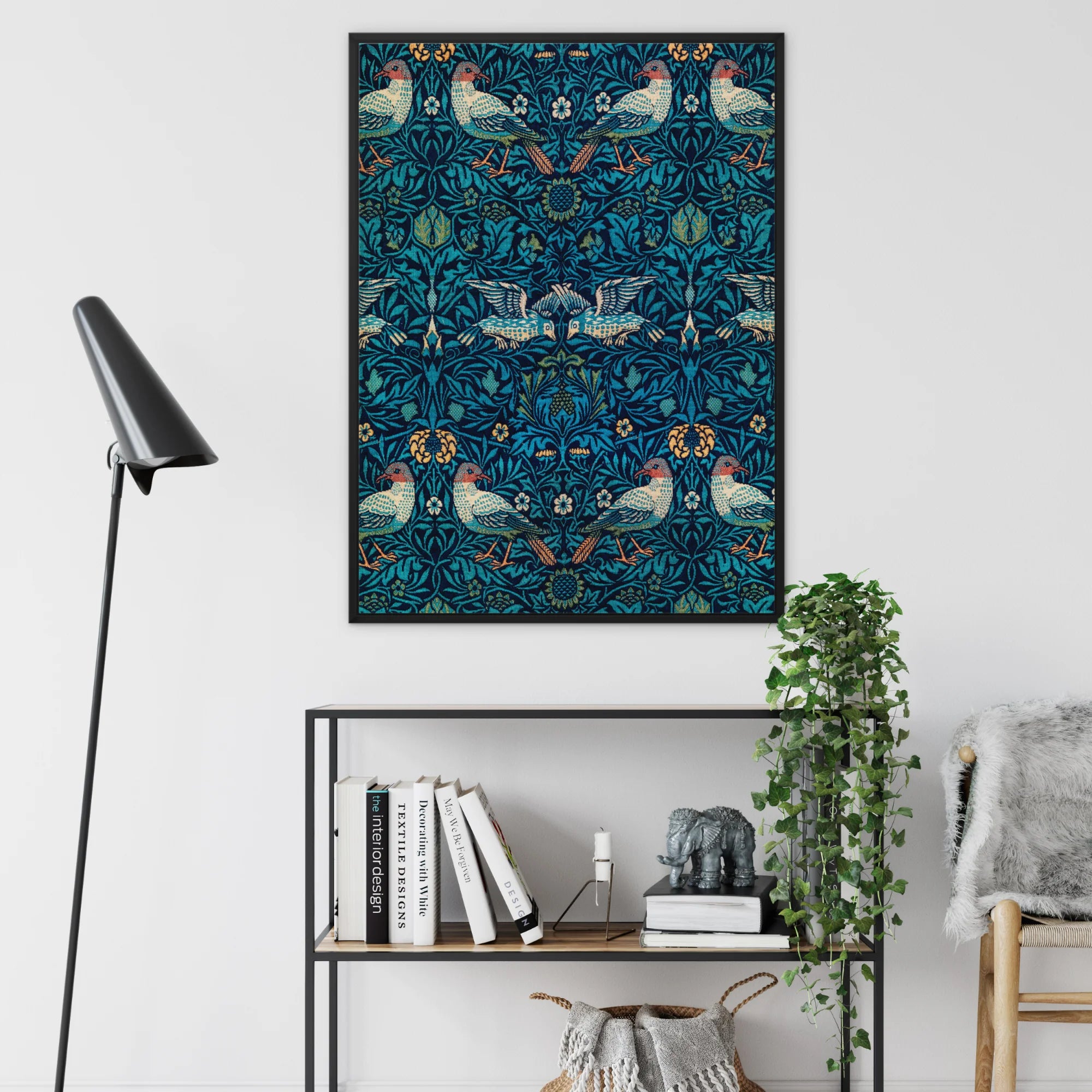 Birds - William Morris Arts and Crafts Framed Canvas, Framed Art Print Symmetrical Pattern White Birds Floral