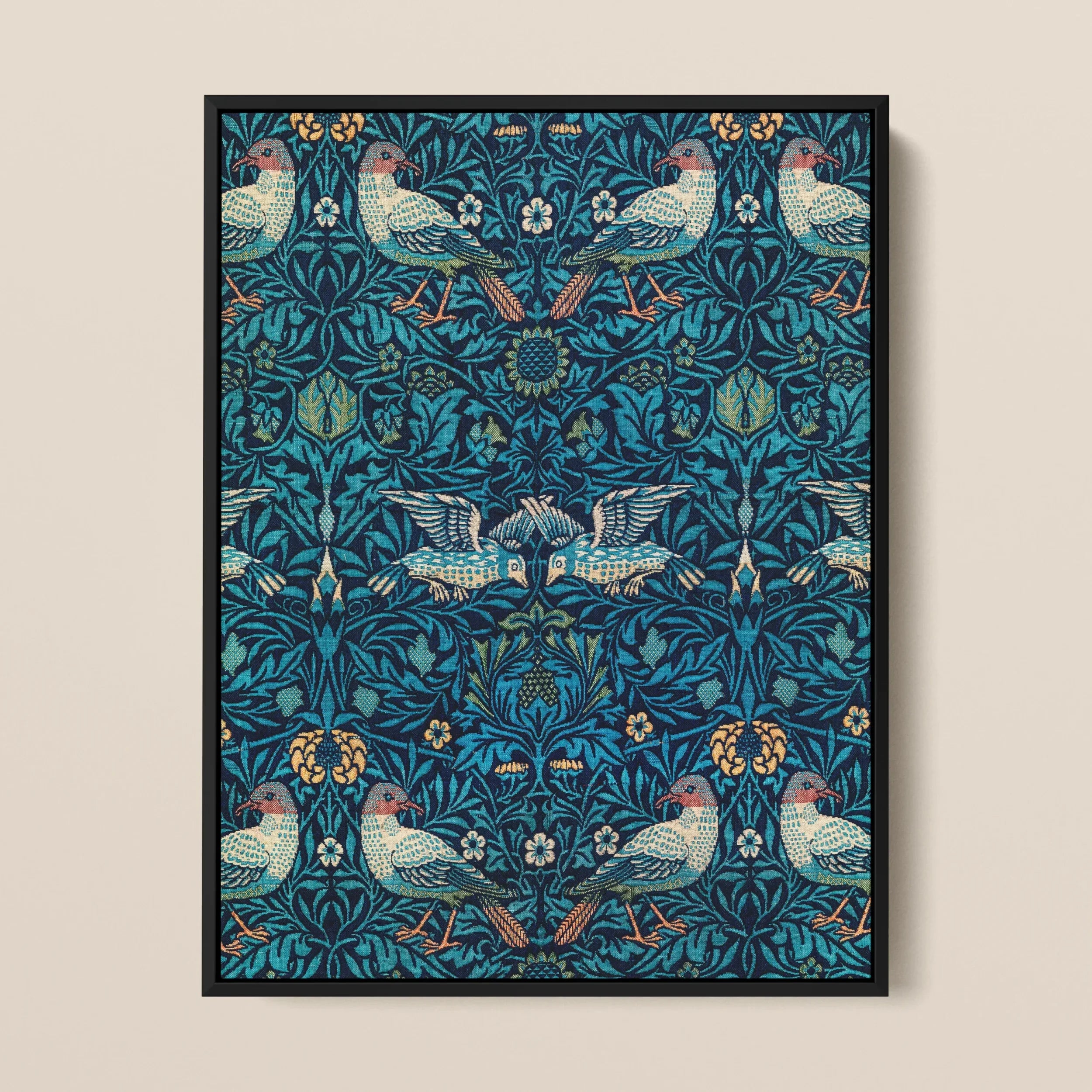 Birds - William Morris Arts and Crafts Framed Canvas, Framed Art Print Intricate Floral Bird Pattern Shades