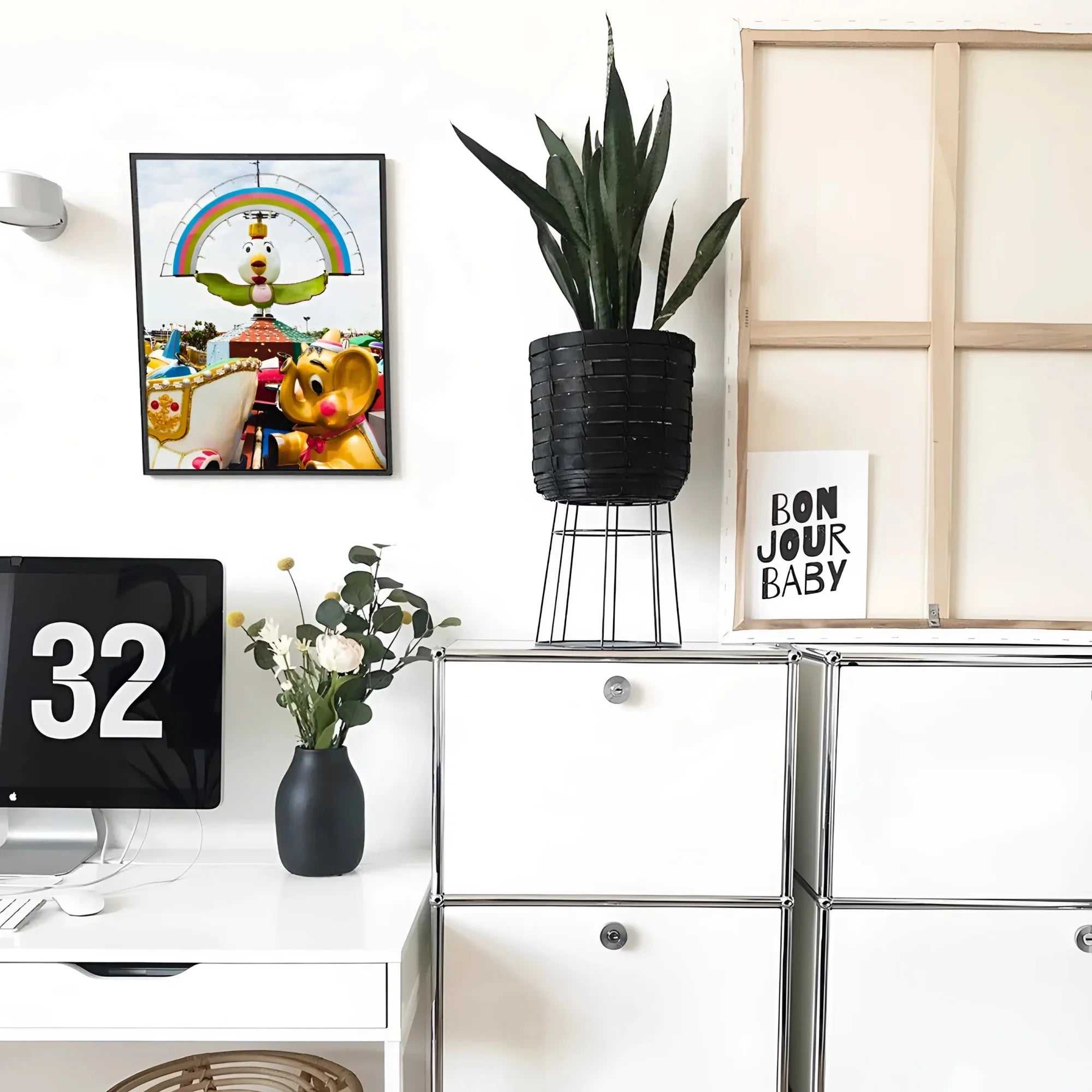 Birdsong Giclée Print, Modern White Desk Workspace Decorative Items Potted Plant