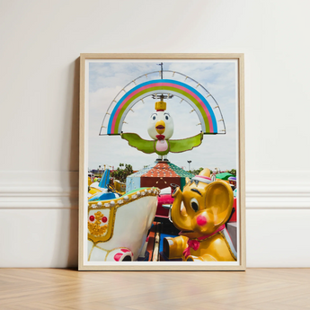 Framed Photograph Colorful Carousel Cartoon Chicken Atop Rainbow Birdsong Giclée Print, Waking Dream