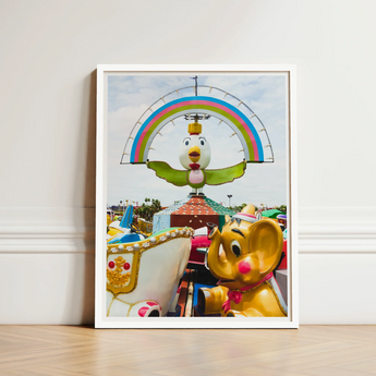 Framed Photograph Colorful Carousel Cartoon Chicken Character Rainbow Birdsong Giclée Print, Waking Dream