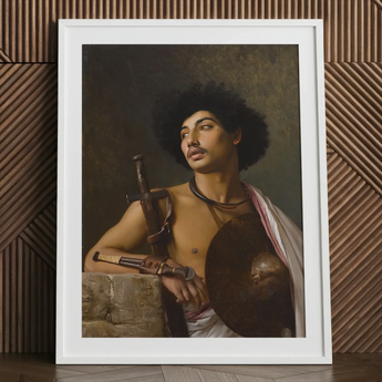 A Bischari Warrior - Jean-leon Gerome Art Print / Canvas White-framed Portrait Muscular Man Afro Sword Shield Bischari Warrior, école Des
