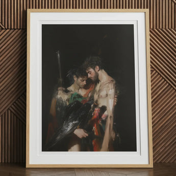 Black Bird - Greco-queer Gay Myth Art Print, 12x16’’ / 31x41cm / Natural Frame / 2’’ Matboard, Framed Art Print Two Men Bird
