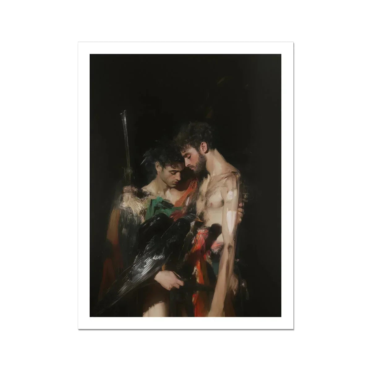 Black Bird Greco Queer Gay Myth Art Print, 18x24’’ / 46x61cm / Unframed, Dark Moody Oil Painting Two Figures Close Proximity
