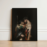 Black-framed Artwork Two Shirtless Men Dramatic Chiaroscuro Style Gods Embrace, Bodies, one Pale, Black Bird