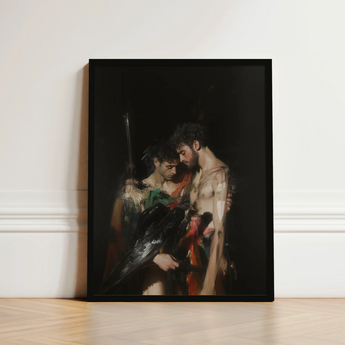 Black-framed Artwork Two Shirtless Men Dramatic Chiaroscuro Style Gods Embrace, Bodies, one Pale, Black Bird