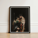 Black-framed Art Print Dramatic Darkly Lit Classical Painting Gods Embrace, Bodies, one Pale, Black Bird