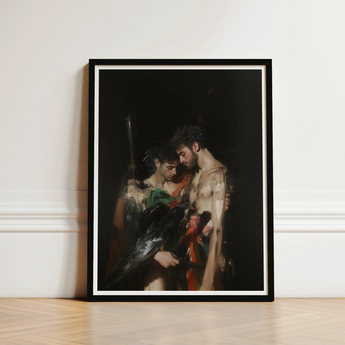 Black-framed Art Print Dramatic Darkly Lit Classical Painting Gods Embrace, Bodies, one Pale, Black Bird