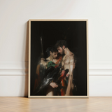Framed Painting Light Wood Frame Two Muscular Men Gods Embrace, Bodies, one Pale, Black Bird