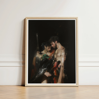 Framed Art Print Two Figures Dramatic Chiaroscuro Style Gods Embrace, Bodies, one Pale, Black Bird
