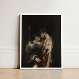 Framed Art Print Dramatic Dark-toned Painting Two Muscular Gods Embrace, Bodies, one Pale, Black Bird