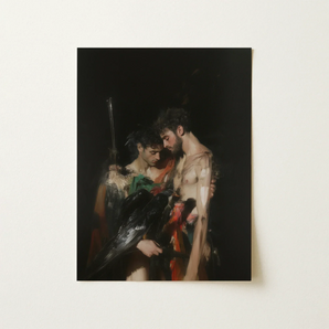 Black Bird - Greco-queer Gay Myth Art Print / Canvas Darkly Painted Rectangular Art Print Two Muscular Men Gods Embrace, Bodies, one Pale,