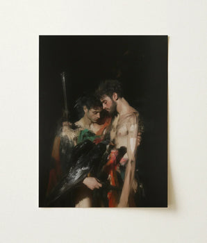 Darkly Painted Rectangular Art Print Two Muscular Men Gods Embrace, Bodies, one Pale, Black Bird