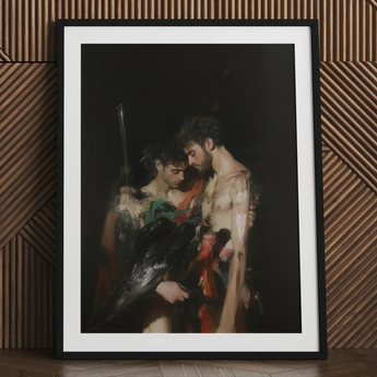 Black Bird - Greco-queer Gay Myth Art Print / Canvas Black-framed Art Print Dramatic Classical Painting Two Figures Gods Embrace, Bodies,