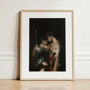 Black Bird - Greco-queer Gay Myth Art Print / Canvas Framed Art Print Dramatic Dark-toned Painting Two Figures Gods Embrace, Bodies,