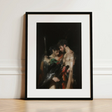 Black Bird - Greco-queer Gay Myth Art Print / Canvas Black-framed Art Print Dramatic Darkly Lit Painting Two Gods Embrace, Bodies,
