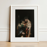 Black Bird - Greco-queer Gay Myth Art Print / Canvas White-framed Art Print Dramatic Dark-toned Painting Two Figures Gods Embrace, Bodies,