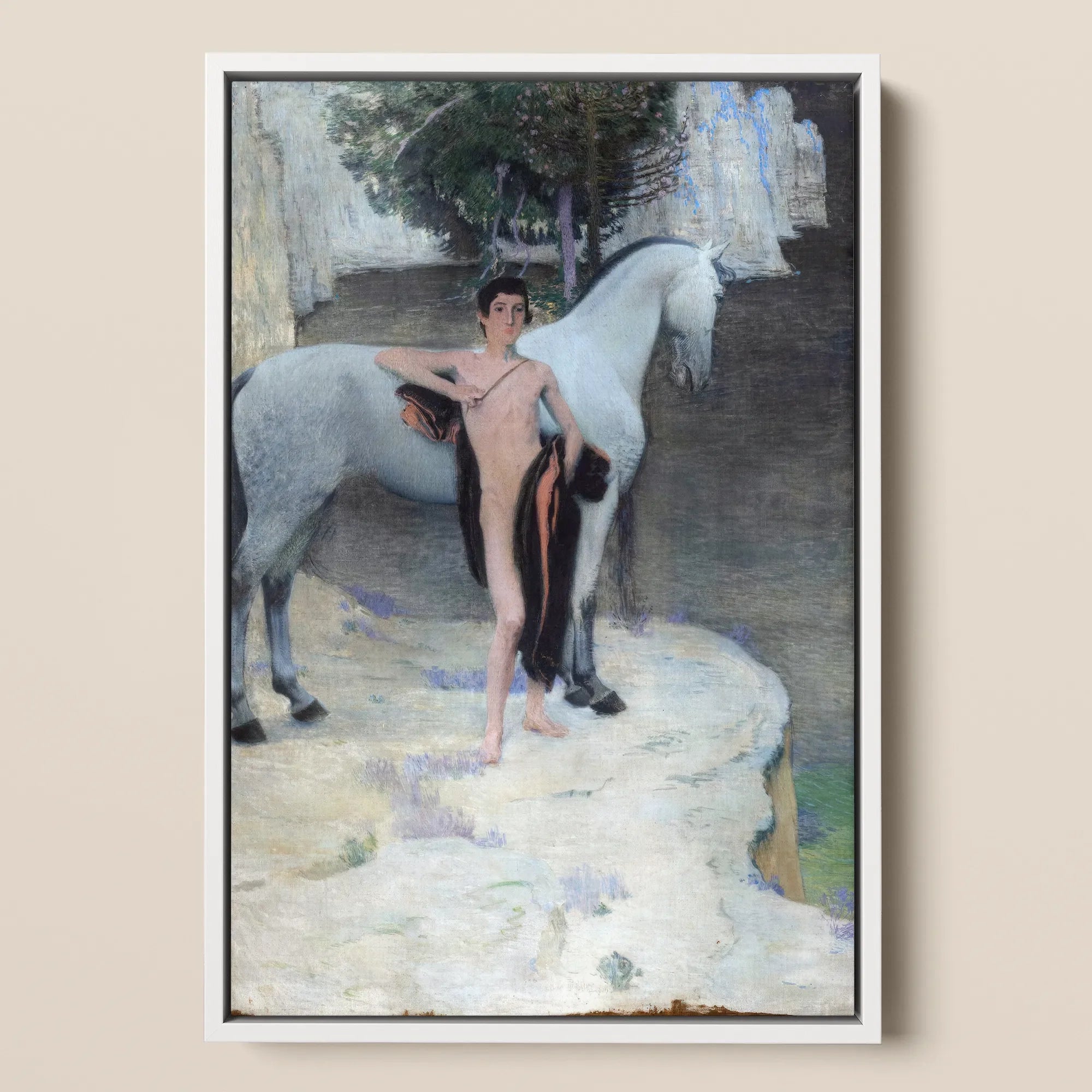 Black Lake - Jan Priesler Framed Canvas, Painting Nude Youth White Horse