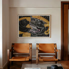 Black Monkey Magic Traditional Thai Myth Art Print, 48x40’’ / 122x101cm / Unframed, Abstract Artwork Black Forms Golden Decorative Borders