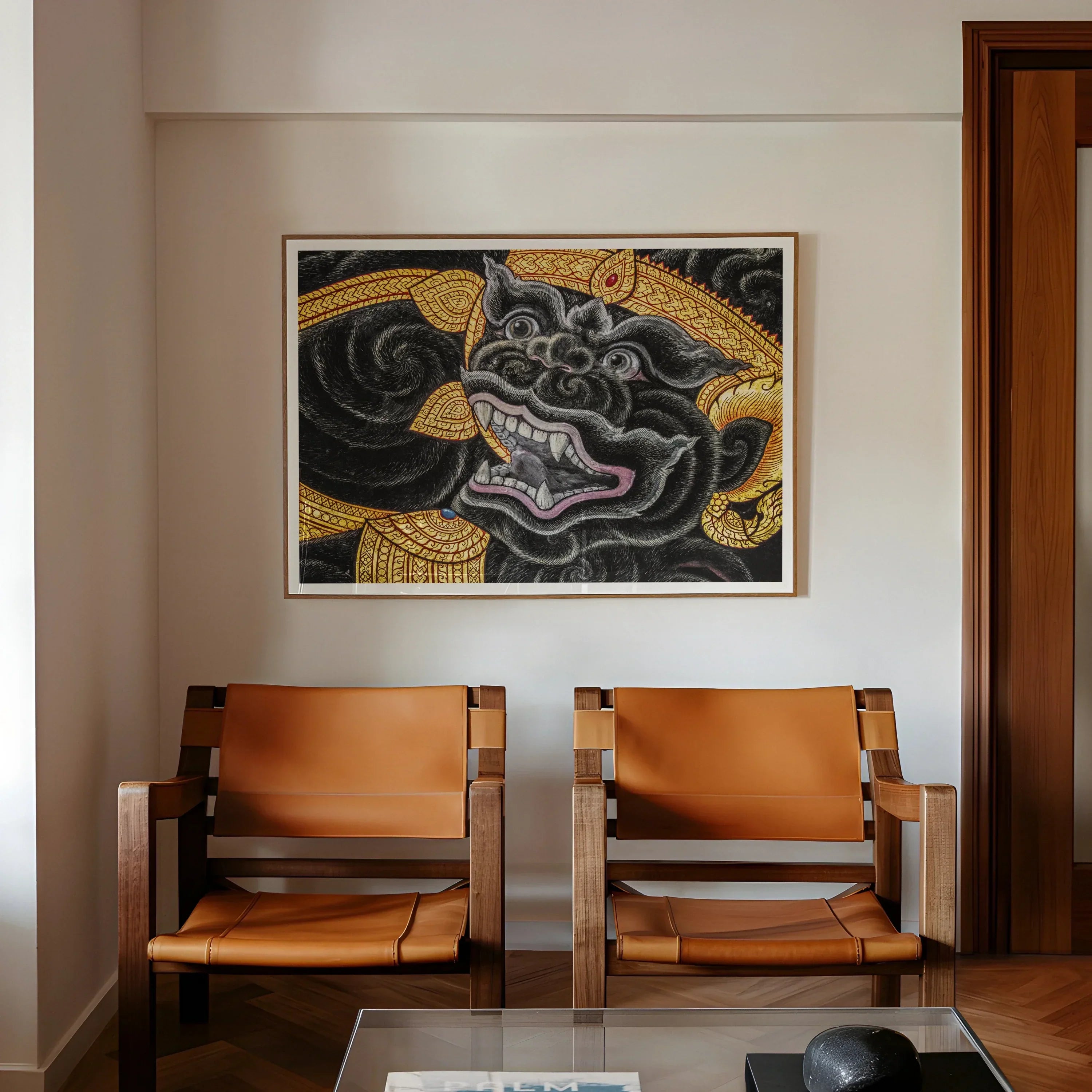 Black Monkey Magic Traditional Thai Myth Art Print, 48x40’’ / 122x101cm / Unframed, Abstract Artwork Black Forms Golden Decorative Borders