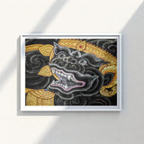 Framed Artwork Black Ornate Mythical Creature Golden Embellishments Ferocious Simian Deity, Traditional Thai Myth, Ramakien Epics
