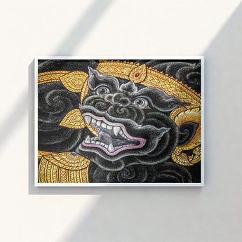 Black Gold Ornate Dragon Head Artwork White Frame Ferocious Simian Deity, Traditional Thai Myth, Ramakien Epics