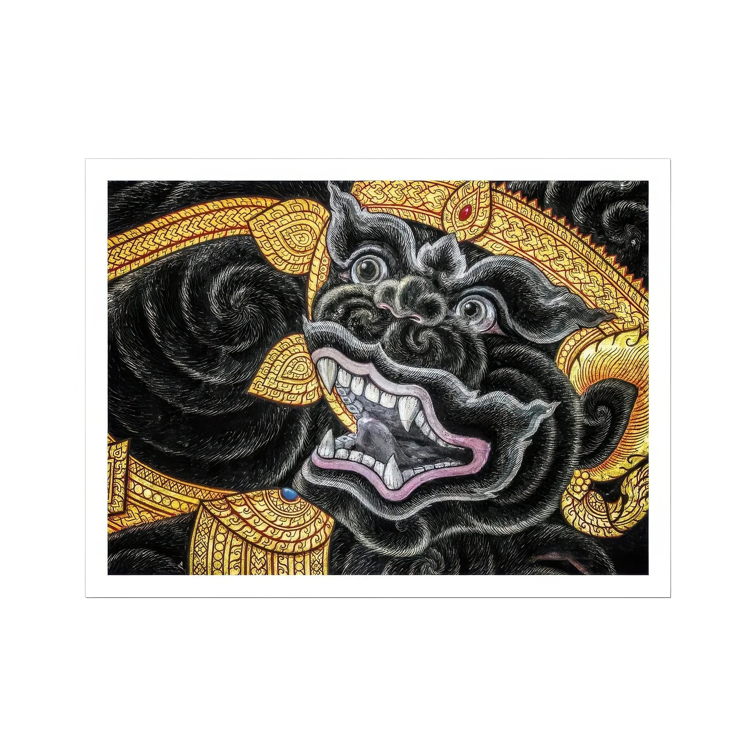 Black Monkey Magic Traditional Thai Myth Art Print, Fierce Demon Mask Fangs Dark Patterns Surrounded Golden