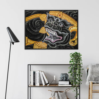 Black Monkey Magic - Traditional Thai Myth Framed Canvas, Artwork Mythical Beast Ornate Gold Dark Background