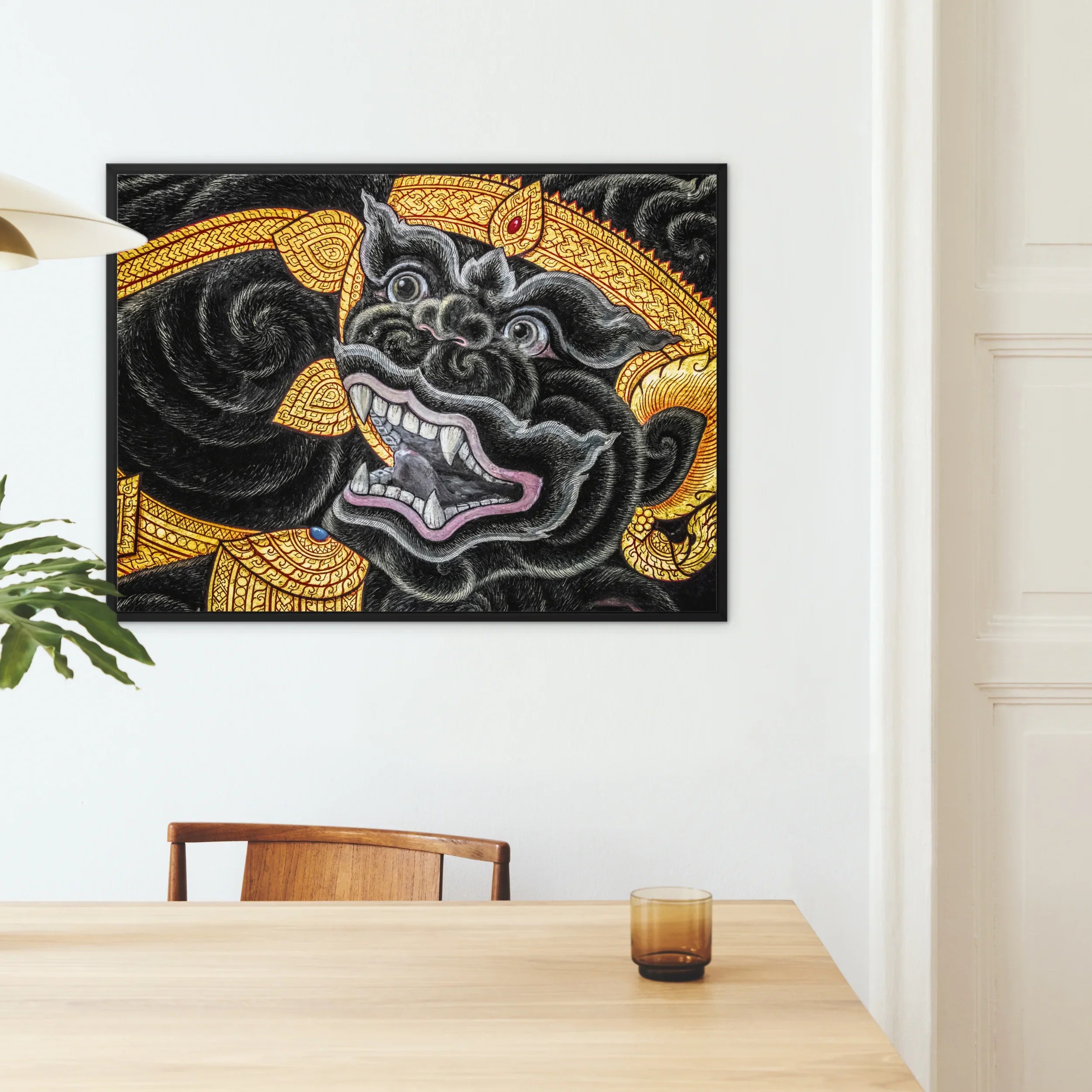 Black Monkey Magic - Traditional Thai Myth Framed Canvas, Japanese-style Artwork Fierce Dragon Gold Black Mounted Wall
