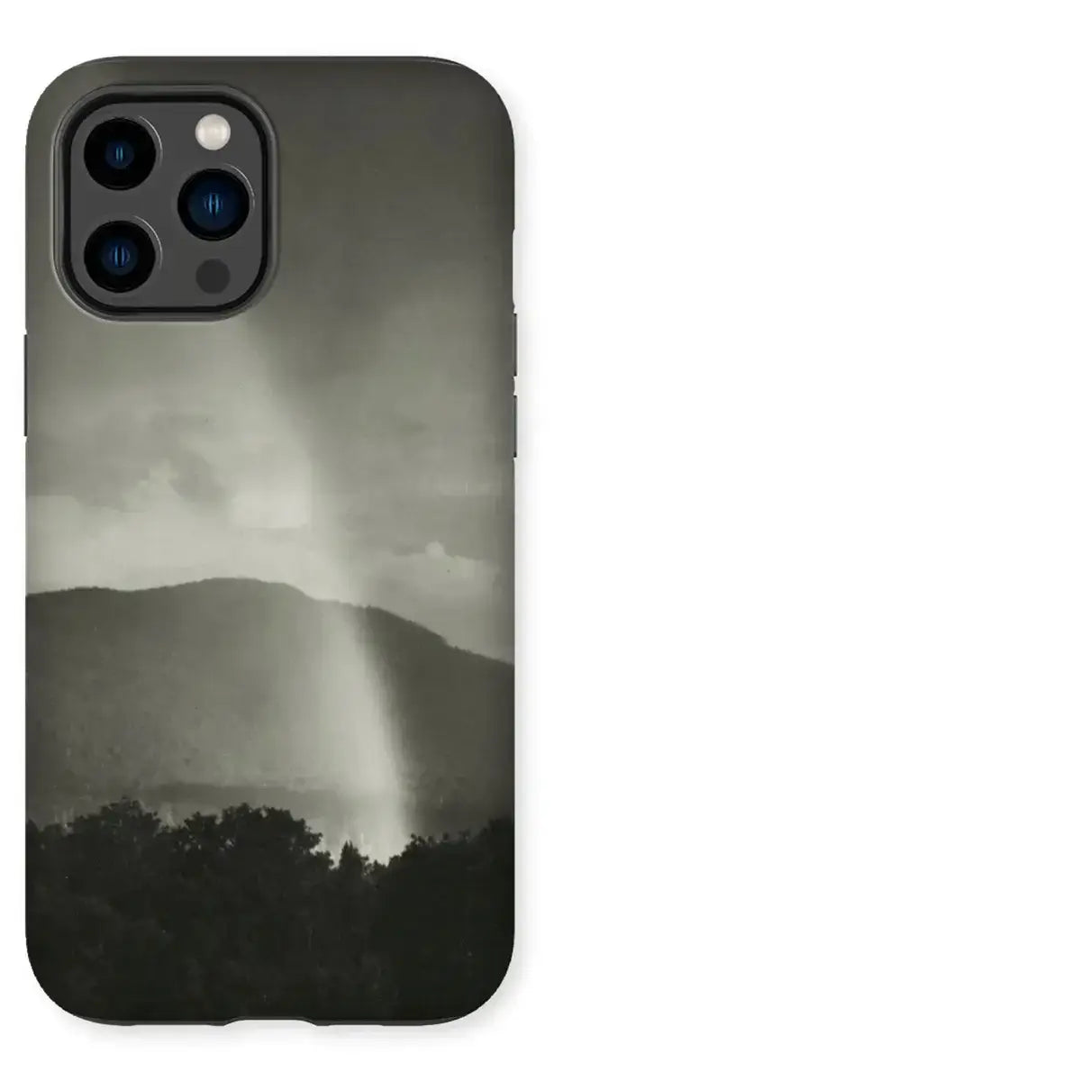 Black phone case with grayscale landscape design for modern art enthusiasts