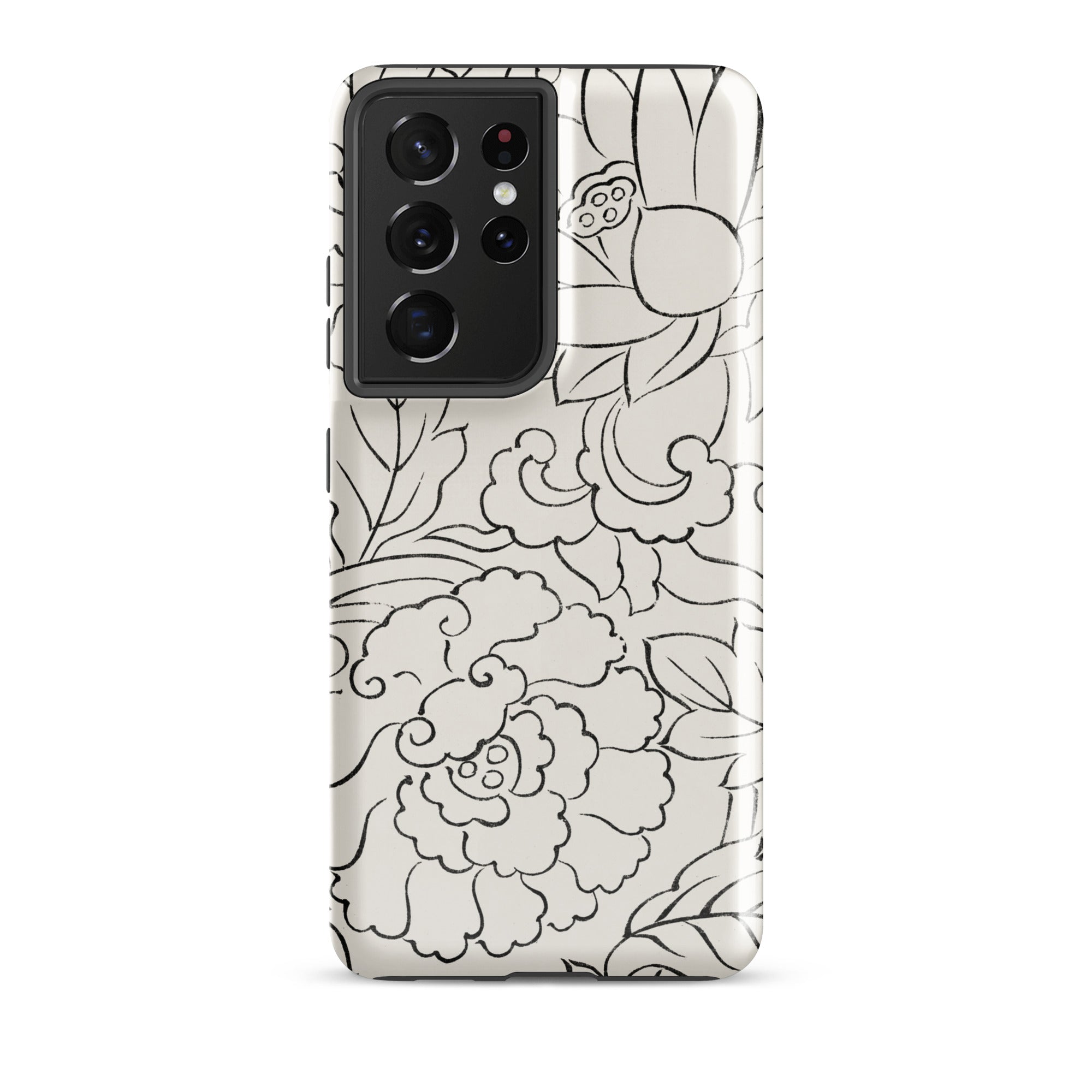 Black & White Florals Taguchi Tomoki Samsung Case, Galaxy S21 Ultra / Gloss, White Smartphone Case Black Line Art Floral Cloud