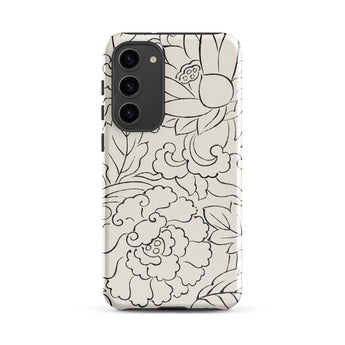 Black & White Florals - Taguchi Tomoki Samsung Case, Galaxy S23 Plus / Gloss, White Smartphone Case Black Floral Leaf Pattern