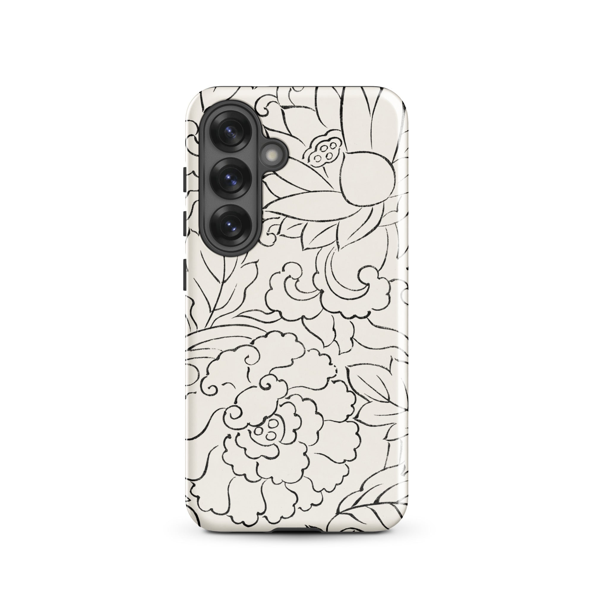 Black & White Florals Taguchi Tomoki Samsung Case, Galaxy S25 / Gloss, White Phone Case Black Floral Scrollwork Designs