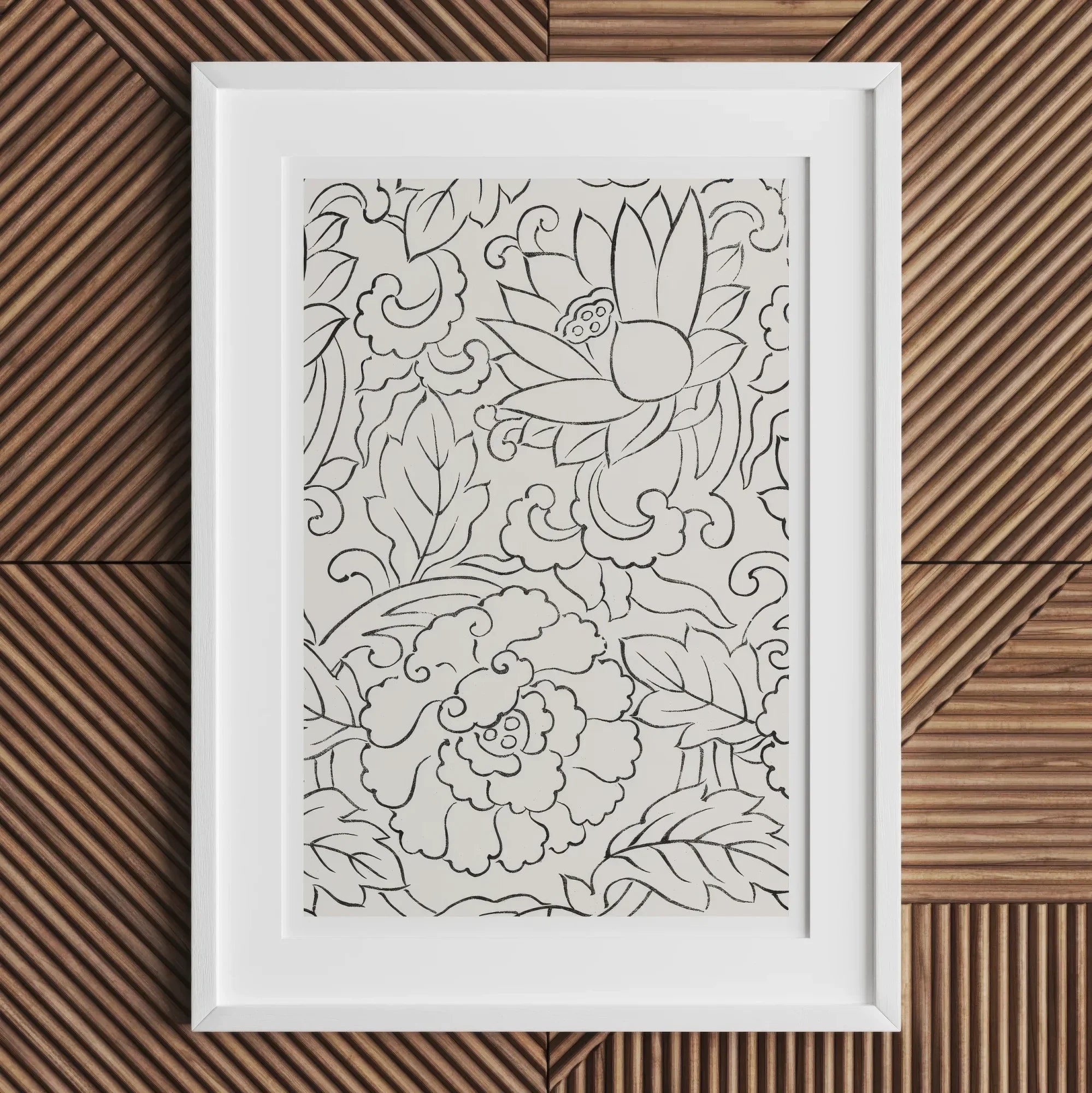 Black & White Florals - Taguchi Tomoki Woodblock Print, 16x24’’ / 41x61cm / Unframed Art, Framed Black White Floral Line Intricate
