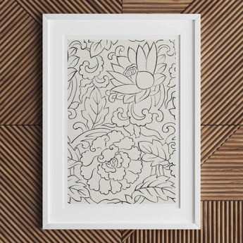 Black & White Florals - Taguchi Tomoki Woodblock Print, 16x24’’ / 41x61cm / Unframed Art, Framed Black White Floral Line Intricate