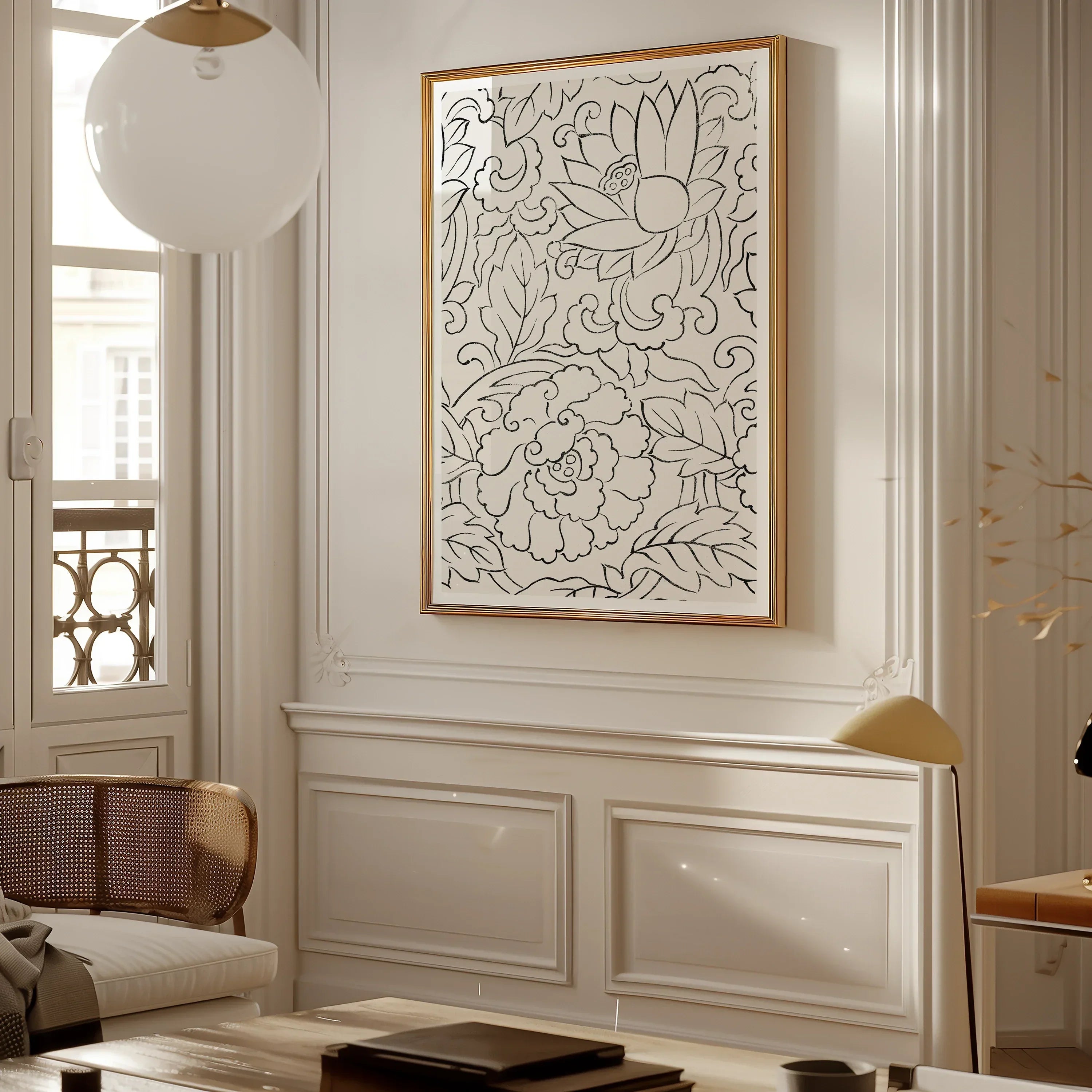 Black & White Florals - Taguchi Tomoki Woodblock Print, 24’’x36’’ / Unframed Art, Framed Black White Line Abstract Floral Patterns Curved