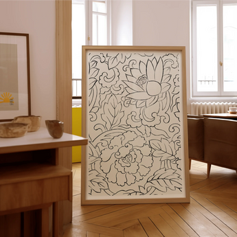 Black & White Florals - Taguchi Tomoki Woodblock Print, 40x60’’ / 101x152cm / Unframed Art, Framed Black White Line Floral Leaf Patterns