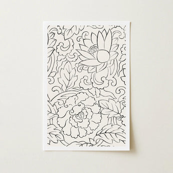 Black & White Florals - Taguchi Tomoki Woodblock Print / Canvas Black-and-white Floral Page Intricate Outlines Lotus Peony Blossoms,