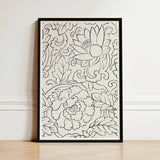 Black & White Florals - Taguchi Tomoki Woodblock Print / Canvas Black-framed Artwork Intricate Line Drawings Lotus Peony Flowers, Vintage
