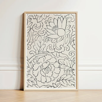 Black & White Florals - Taguchi Tomoki Woodblock Print / Canvas Minimalist Framed Art Intricate Line Drawings, Vintage Japanese, Floral